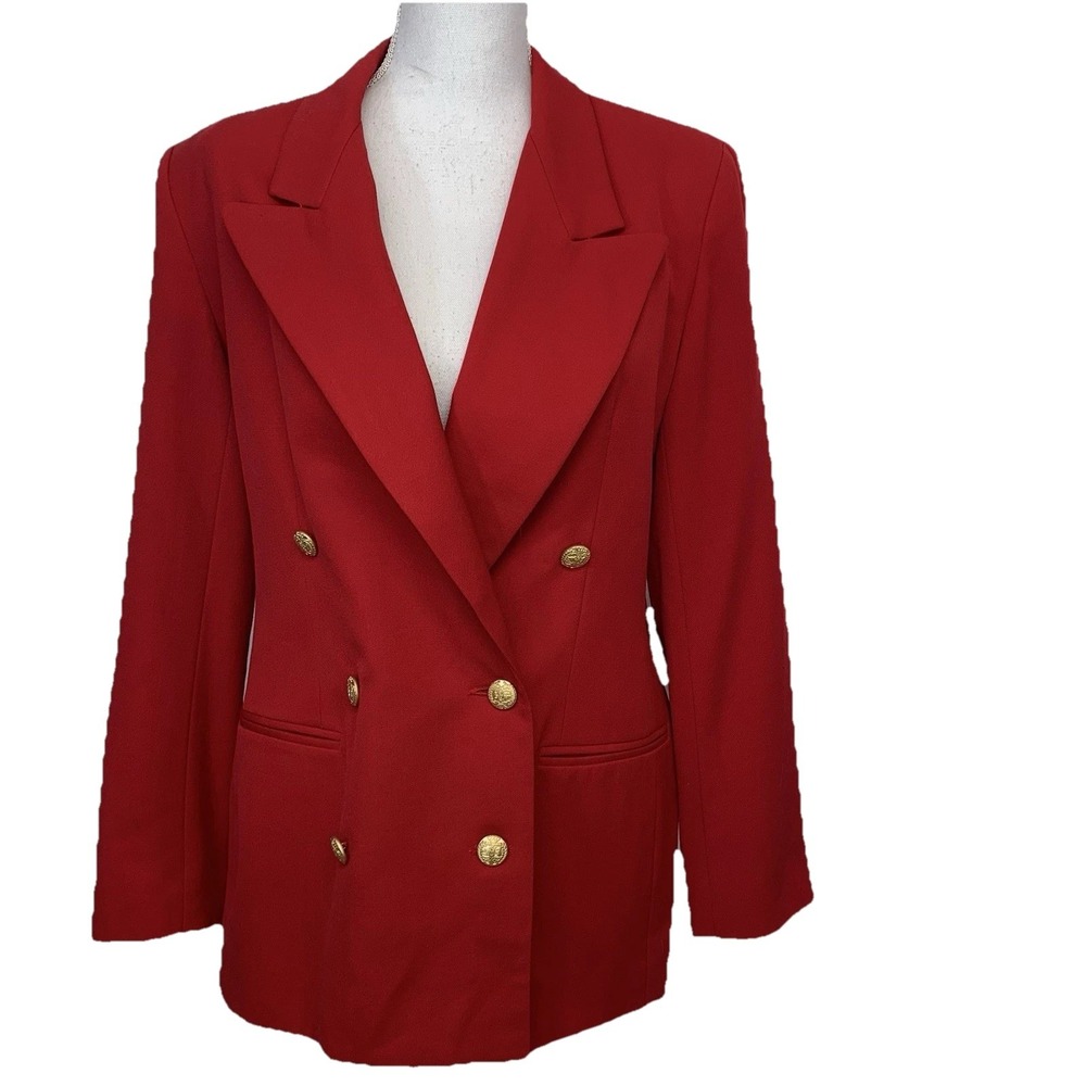 Career Essentials Red‎ Wool Blazer Jacket Woman 8 Gold Buttons Pockets Work USA